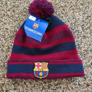 FC Barcelona Beanie Hat Navy Blue Red Striped Pom Pom Soccer Fan Gear